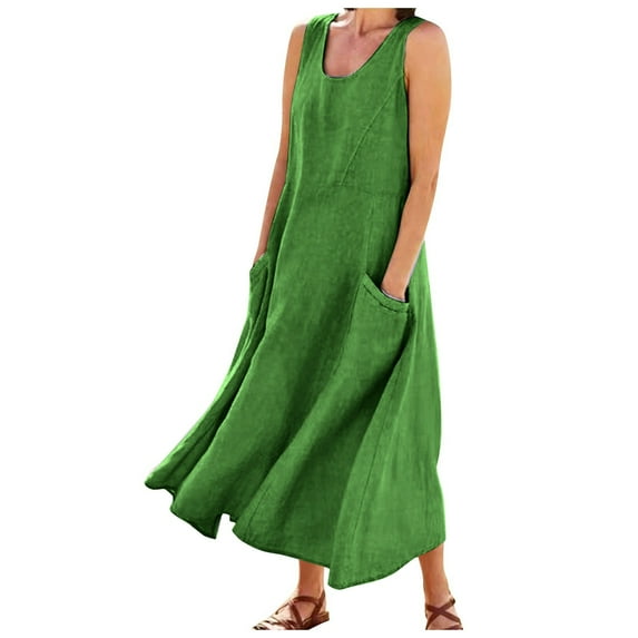 Dndkilg Plus Size Summer Dresses for Women 2023 Boho Flowy Women's Maxi Dress Floral Tank Long Dresses for Wedding Sleeveless Cotton Linen Sundresses for Juniors with Pockets Green M