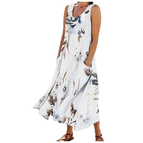 Dndkilg Plus Womens Party Dresses Cotton Linen Flowy Plus Size Maxi Dresses for Women 2023 Floral Tank Long Boho Dresses for Women Sleeveless Boho Sundresses for Women with Pockets Beige S