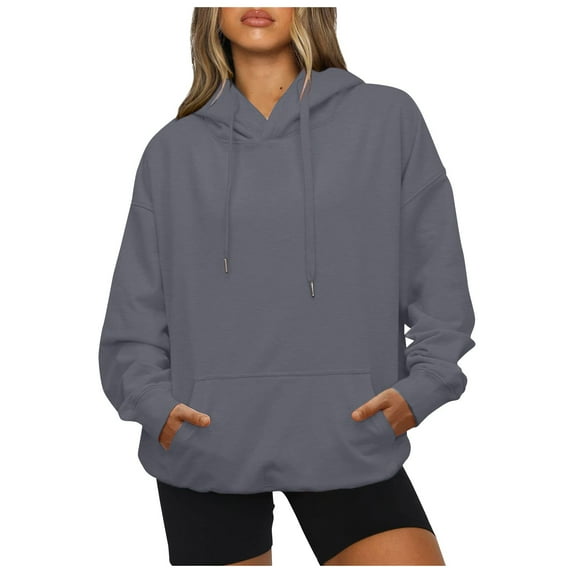 Dndkilg Pullover Hoodie Fleece Long Sleeve Gray Sweatshirts for Women Loose Fit Hoodie Petite Drawstring Hooded Fashion Y2k Sweater with Pocket Aesthetic Oversized Pullover Workout Clothes S