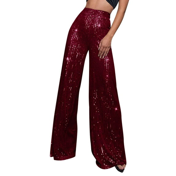 Dndkilg Sequin Pants Women Sparkle High Waisted Wide Leg Flare Pants Metallic Gold Petite Bling Shiny Party Wine S