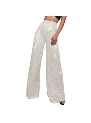 Women Wide Leg Sequins Pants Trousers Silver Club Shiny Gothic Casual  Fashion