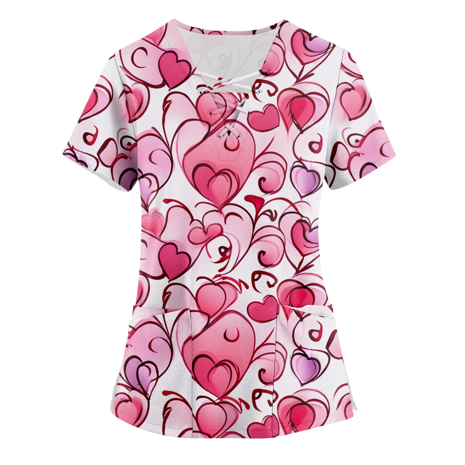 Dndkilg Uniform Nursing Women Scrubs Valentines Day V Neck Short Sleeve Pockets Love Heart