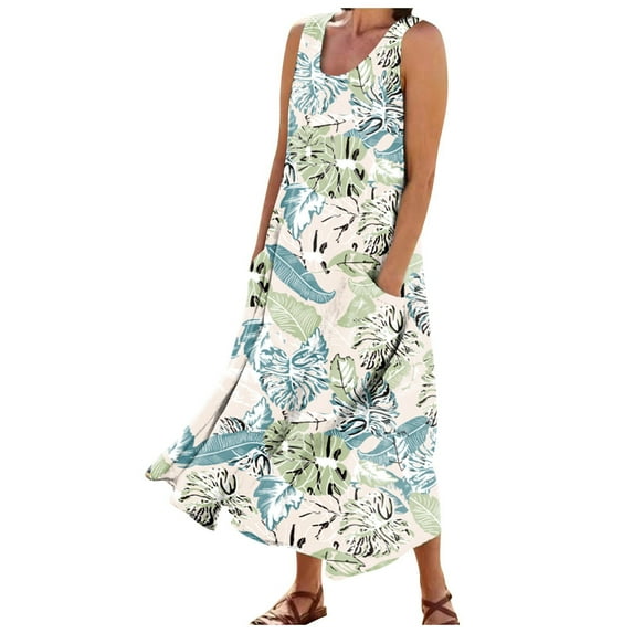 Dndkilg White Linen Dresses for Plus Size Women Cotton Flowy Maxi Dress for Women Clearance Sale Sleeveless Tank Long Summer Dress Boho Floral Sundresses for Juniors with Pockets White S