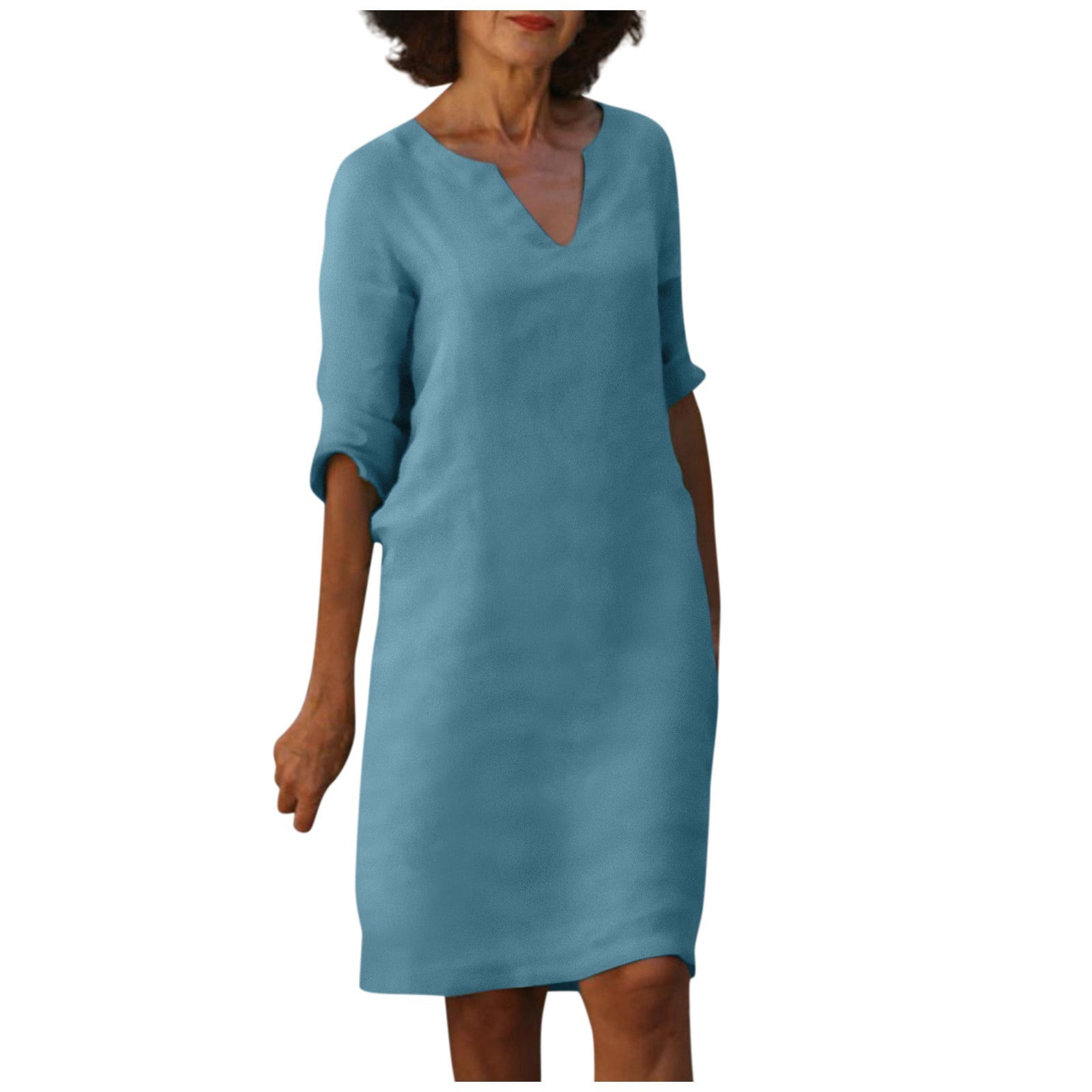 Women Solid linen Sleeveless V-Neck Midi Dress