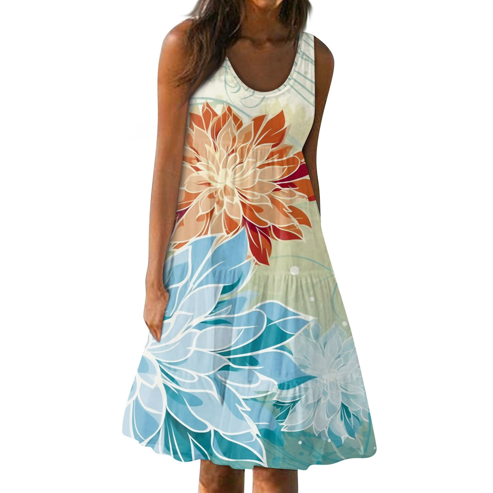 Dndkilg Women Summer Casual Swing T Shirt Dresses Floral Beach Cover up Loose Dress Sleeveless