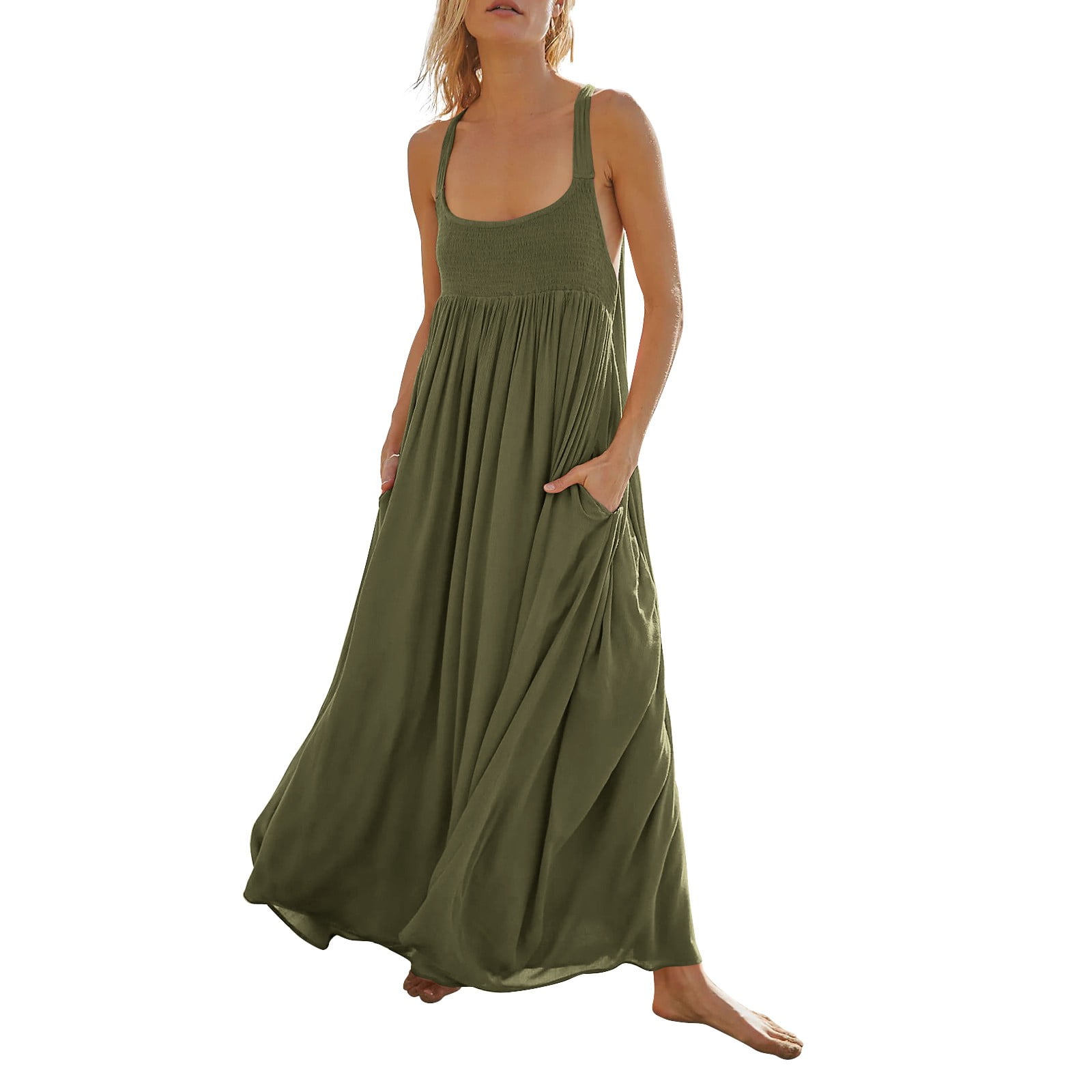 Women's Summer Suspender Maxi Dress – Striped, Sleeveless With Pockets & Belt (Army Green)