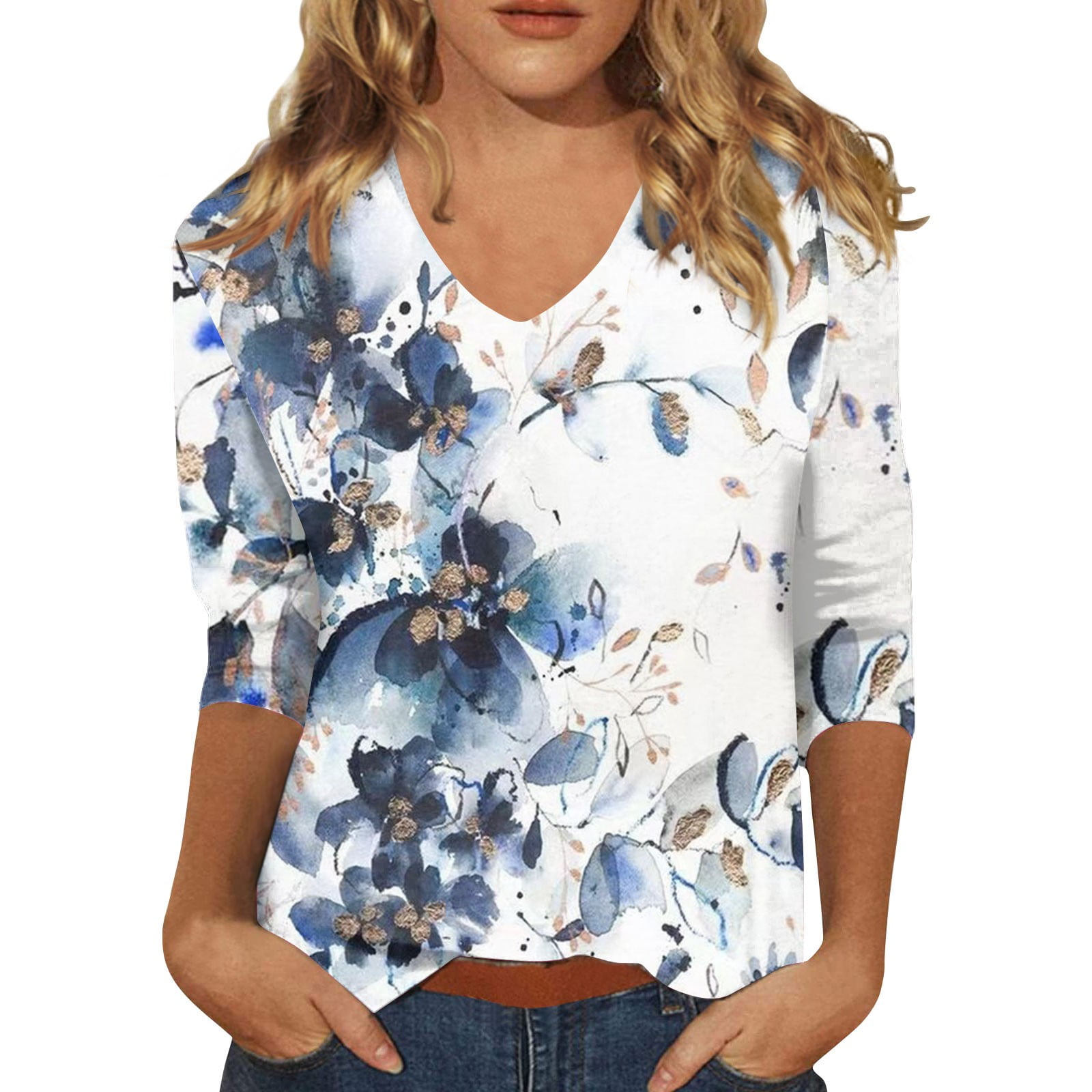 Dndkilg Women's 3/4 Sleeve Tops and Blouses Plus Size Elbow V Neck T Shirts for Women Clearance Half Sleeve Floral Business Casual Shirts for Women Business Blouses for Women Blue 3XL