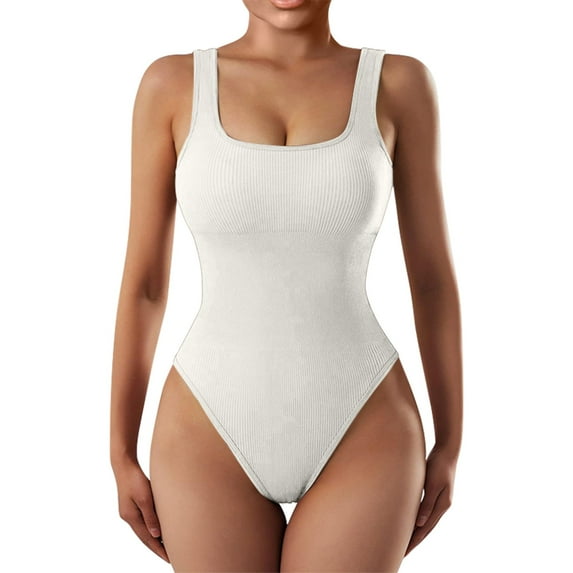 Dndkilg Women's Bodysuits Sexy Ribbed Sleeveless Square Neck Stretch Tank Tops Thongs Bodysuits Beige S