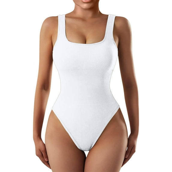 Dndkilg Women's Bodysuits Sexy Ribbed Sleeveless Square Neck Stretch Tank Tops Thongs Bodysuits White L