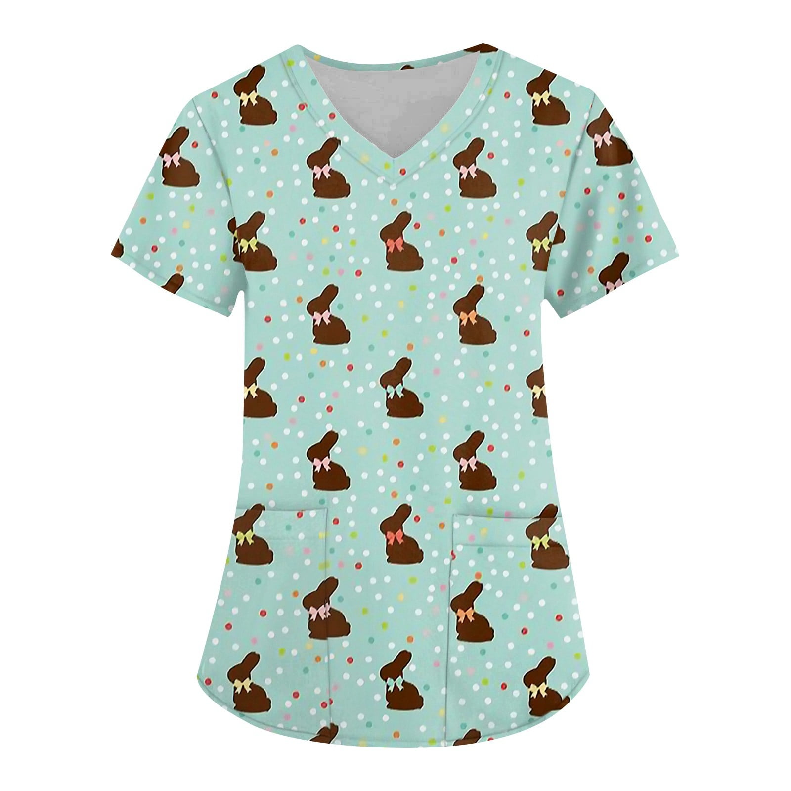 Dndkilg Women's Easter Scrub Tops Rabbit Eggs Bunny Short Sleeve Scrubs