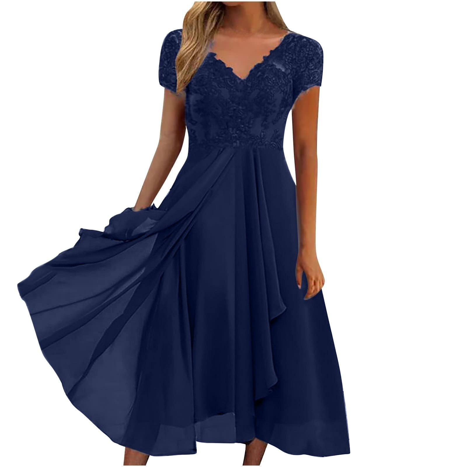 Dndkilg Women's V Neck Mother of The Bride Chiffon Tea Length Dresses with  Sleeves Lace Formal Evening Gowns Blue S - Walmart.com