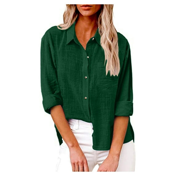 Dndkilg Womens Button Down Blouse Cotton Linen Front Pocket Casual Shirts for Women Trendy Low High Long Sleeve Long Loose Fitting Tops for Women Plus Size Dark Green M