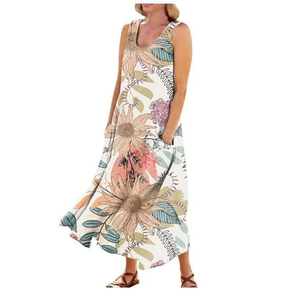 Dndkilg Womens Casual Summer Dresses Cotton Linen Flowy Maxi Dress Clearance Sale Boho Tank Long Dresses Plus Size Formal Sleeveless Floral Sundresses with Pockets Beige 2XL
