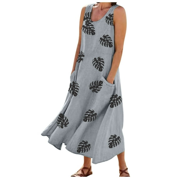 Dndkilg Womens Dresses for Wedding Guest Sexy Cotton Linen Flowy Maxi Dresses for Women Petite Sleeveless Tank Button Down Dress for Women Long Boho Floral Plus Size Sun Dresses with Pockets Gray XL