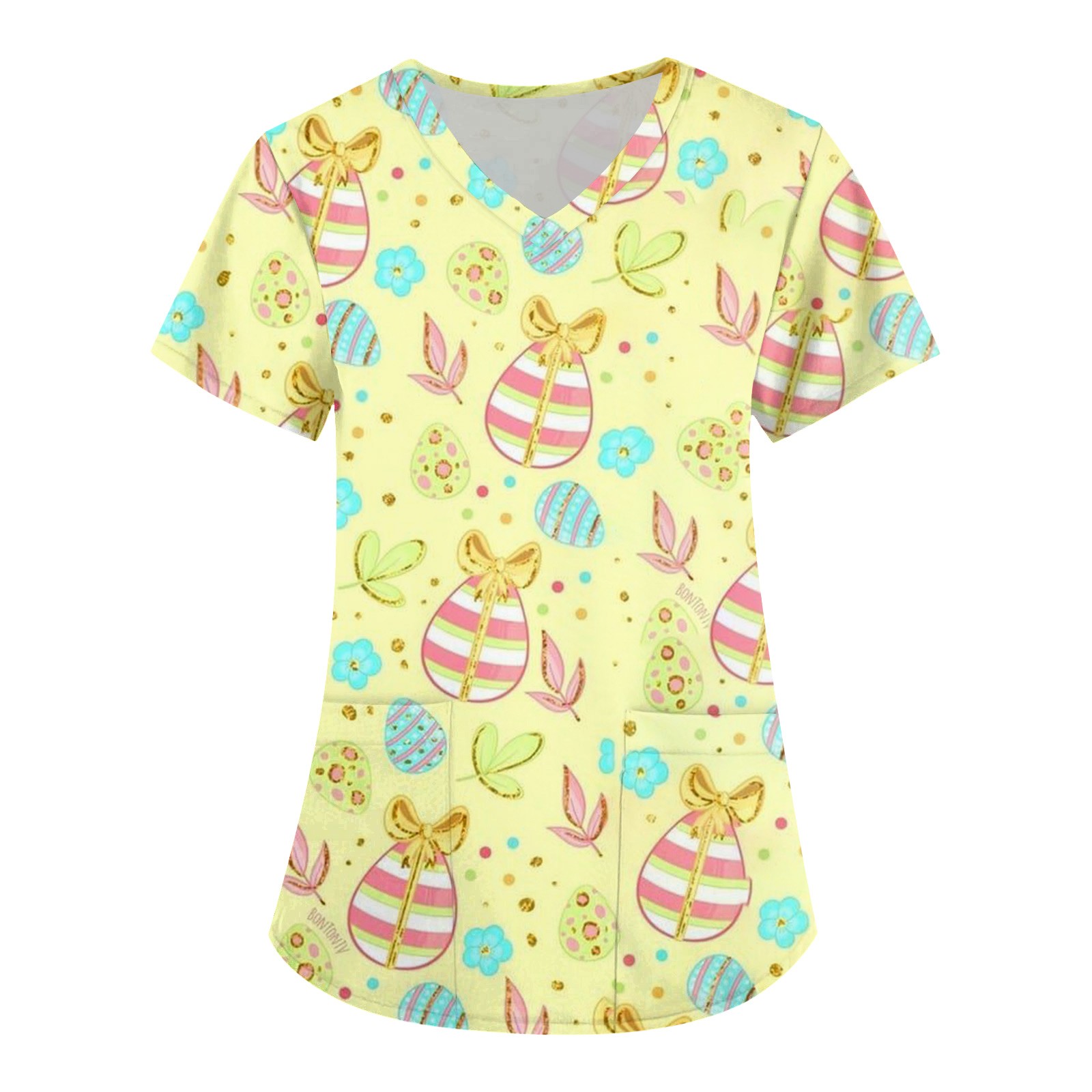 Dndkilg Womens Easter Scrub Tops Bunny Eggs Rabbit Short Sleeve Scrubs
