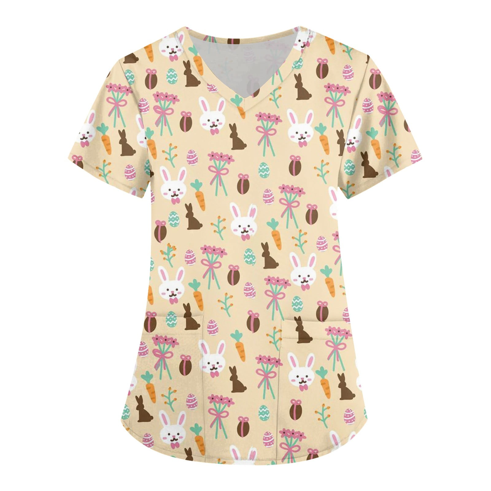 Dndkilg Womens Easter Scrub Tops Bunny Eggs Rabbit Short Sleeve Scrubs