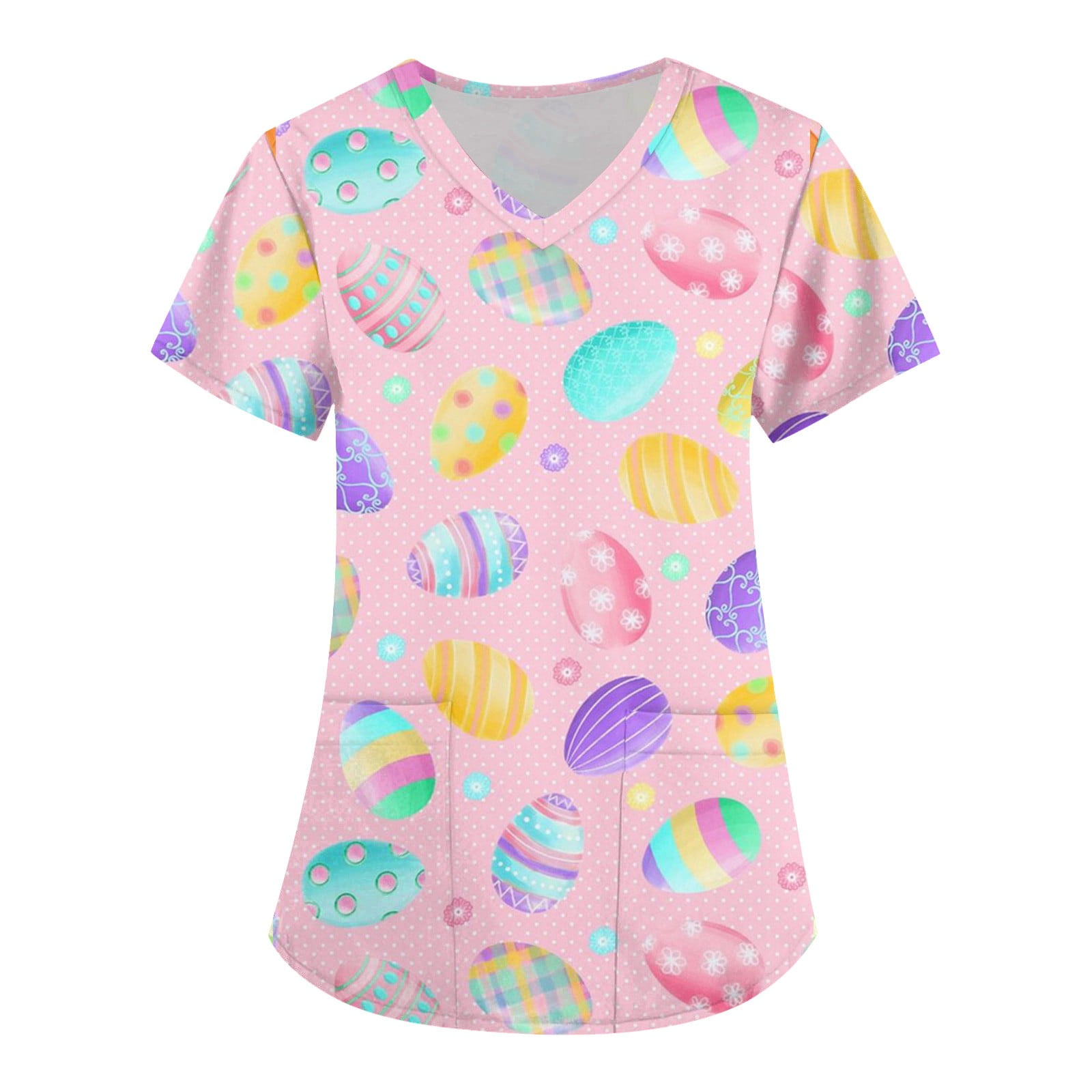 Dndkilg Womens Easter Scrubs Plus Size Bunny Rabbit Eggs V Neck Scrubs