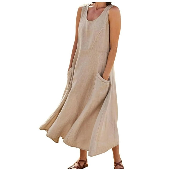 Dndkilg Womens Evening Dresses Clearance Cotton Linen Sleeveless Long Sleeve Maxi Dress Boho Tank Plus Size Tshirt Dresses Long Flowy Floral Sun Dresses for Plus Size with Pockets Khaki 5XL