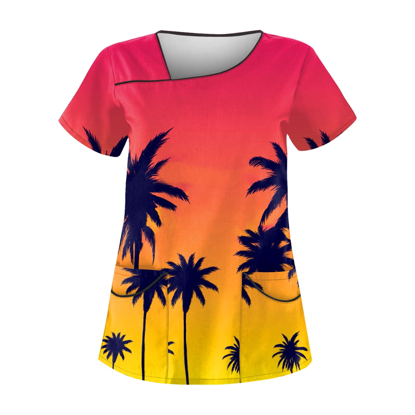 Dndkilg Womens Hawaiian Scrubs 3D Palm Tree Print V Neck Short Sleeve