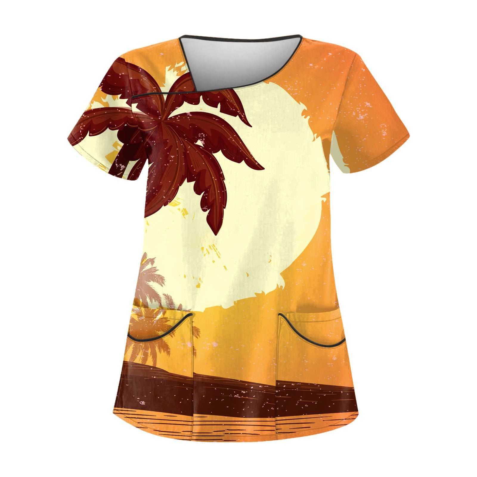 Dndkilg Womens Hawaiian Scrubs 3D Palm Tree Print V Neck Short Sleeve