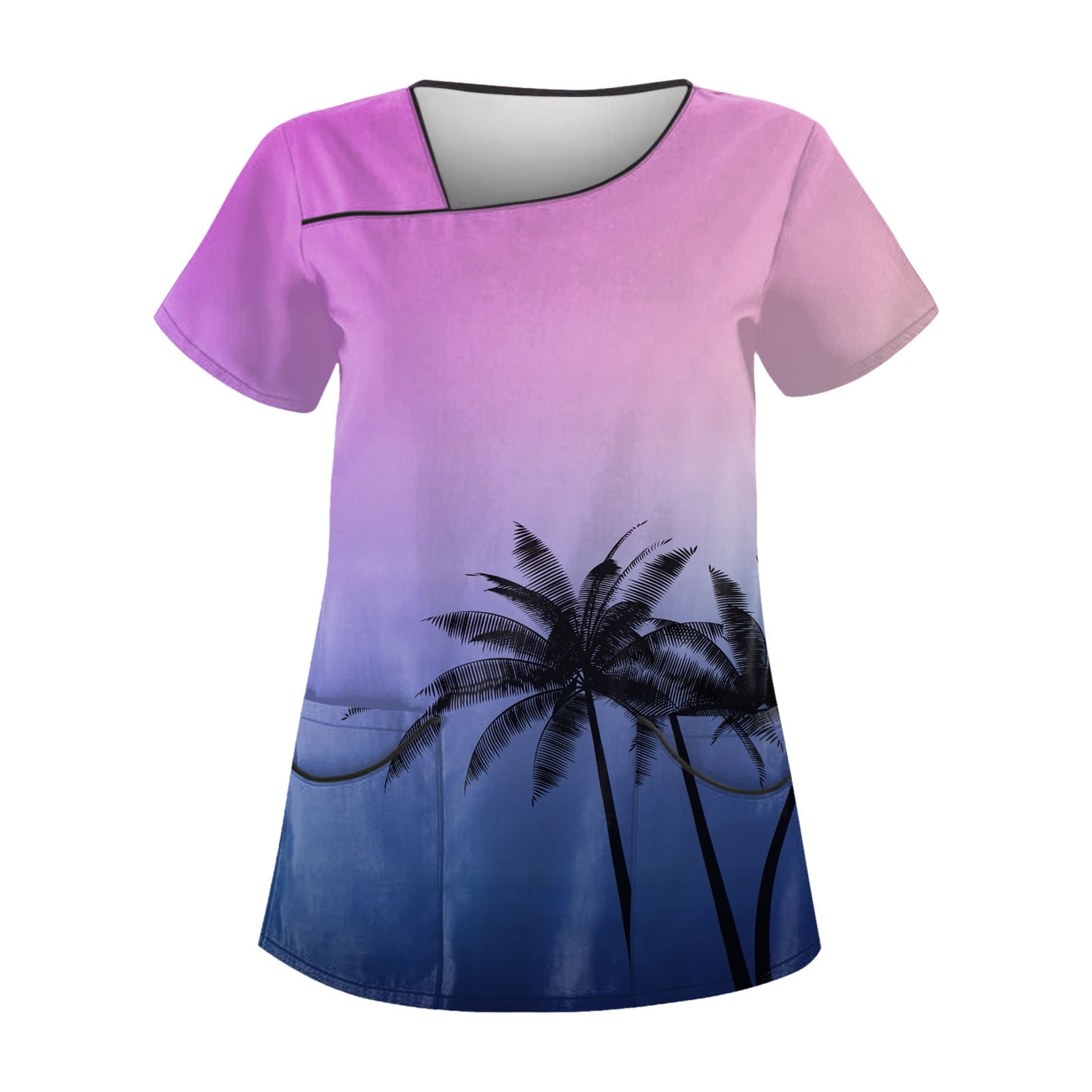 Dndkilg Womens Hawaiian Scrubs 3D Palm Tree Print V Neck Short Sleeve