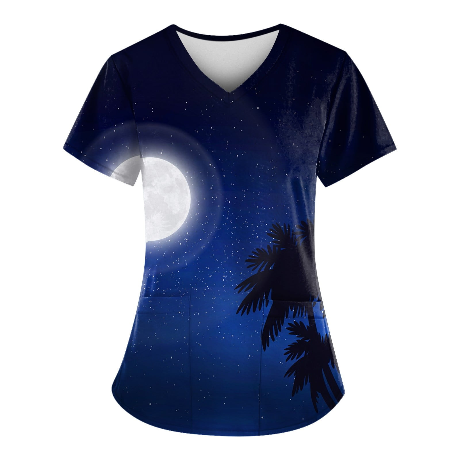 Dndkilg Womens Hawaiian Scrubs Short Sleeve 3D Palm Tree Print V Neck