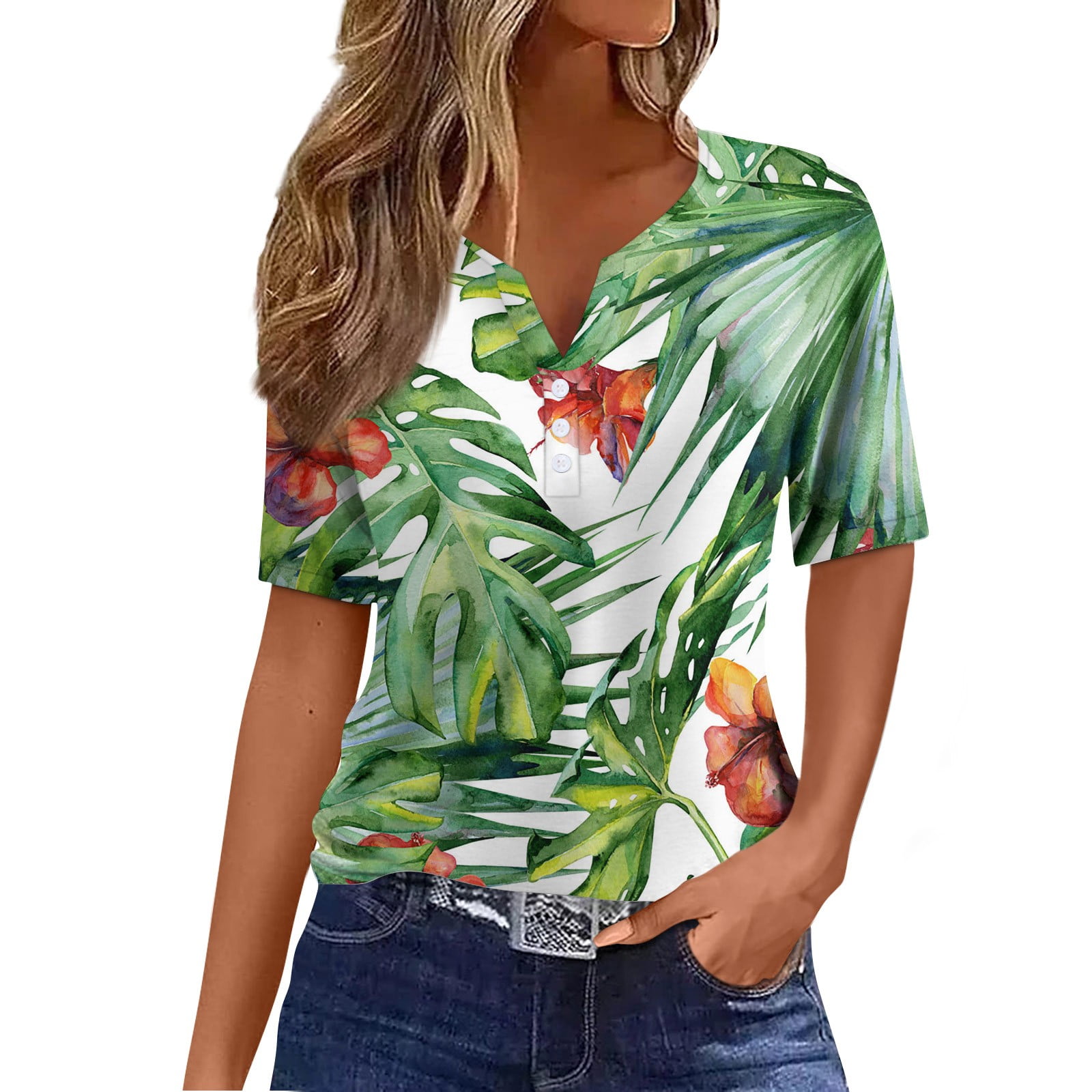 Dndkilg Womens Hawaiian Shirt Flowered Henley Palm Tree Tropical Print