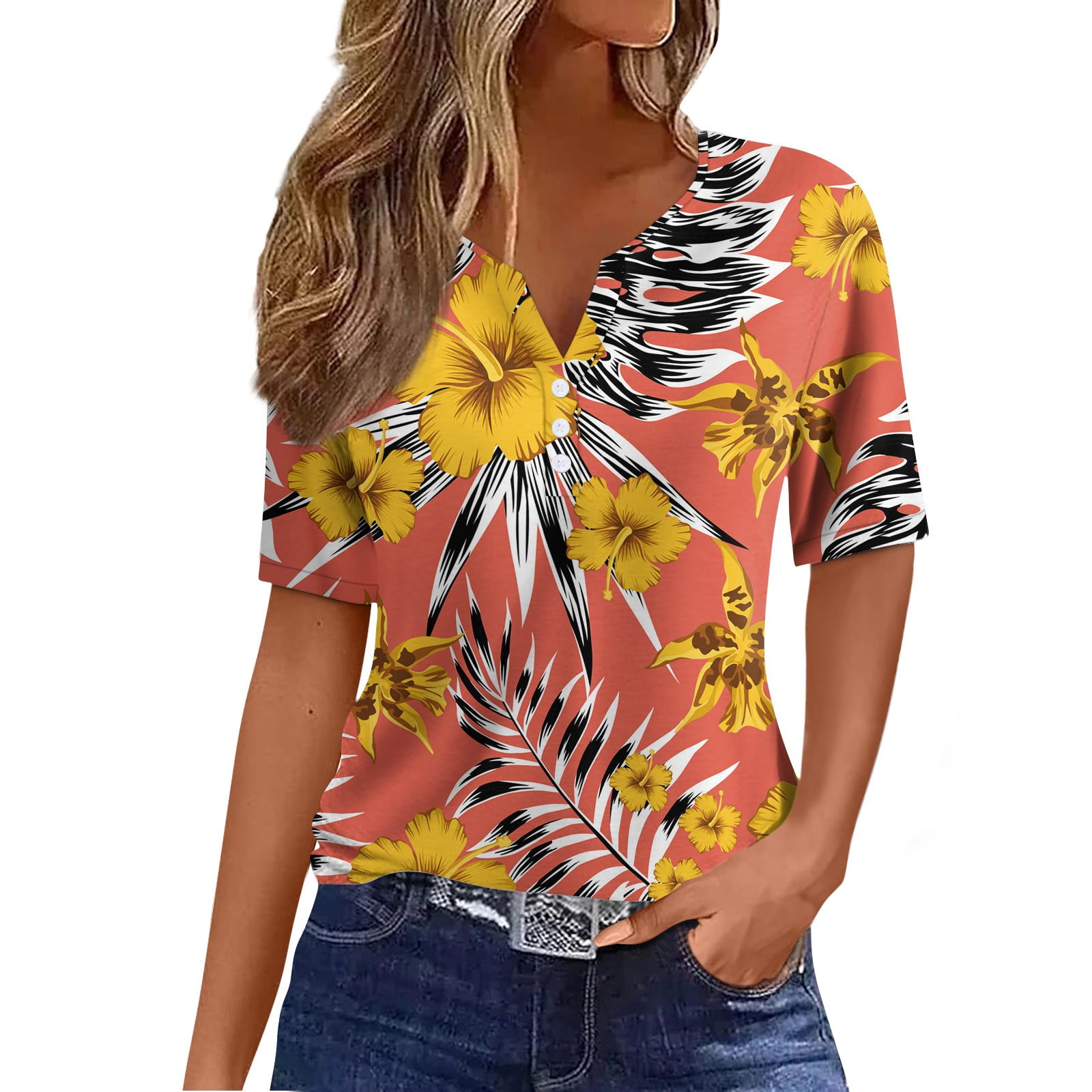 Dndkilg Womens Hawaiian Shirt Flowered Henley Palm Tree Tropical Print