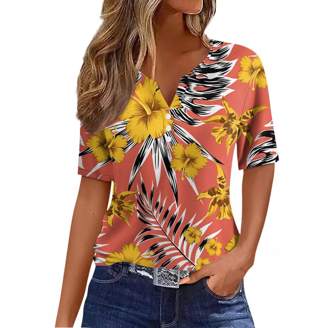 Dndkilg Womens Hawaiian Shirt Flowered Henley Palm Tree Tropical Print ...