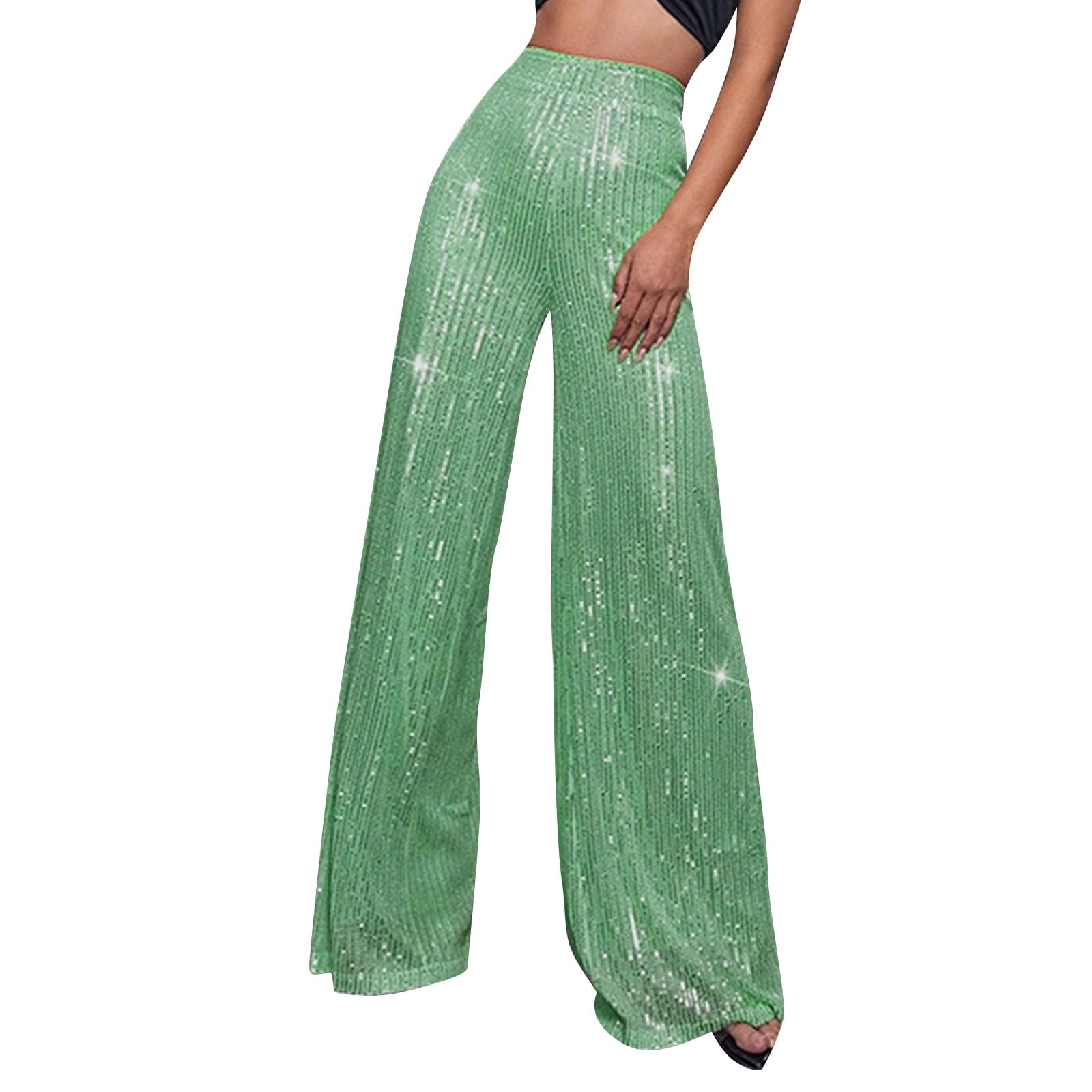 Dndkilg Womens Light Green Sequin Pants Sparkle High Waisted