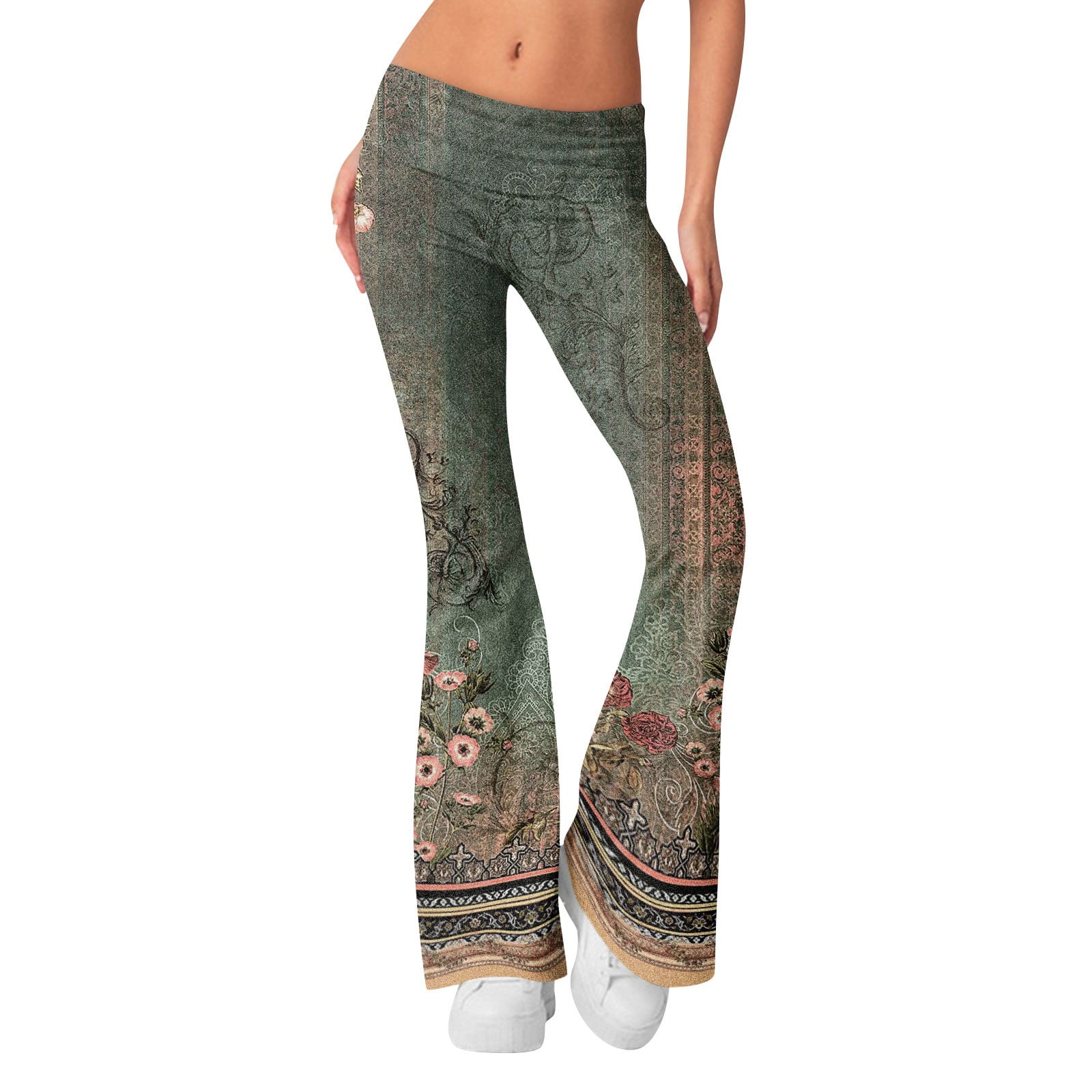 Dndkilg Womens Maternity Flare Leggings Floral Low Waist Fold Over