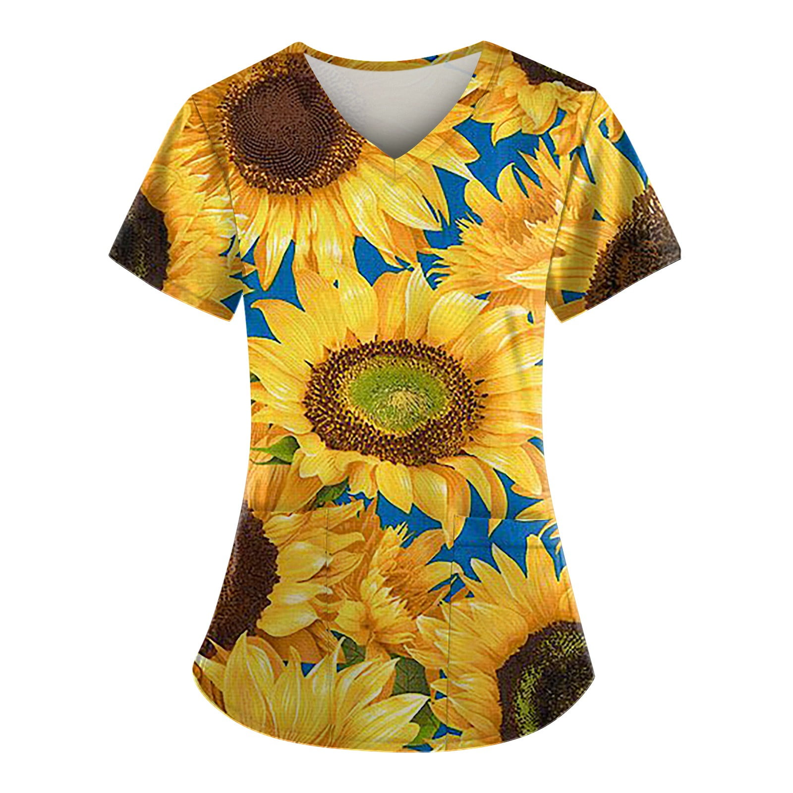 Dndkilg Womens Scrubs Tops Summer Sunflower Print Nurse Short Sleeve V 