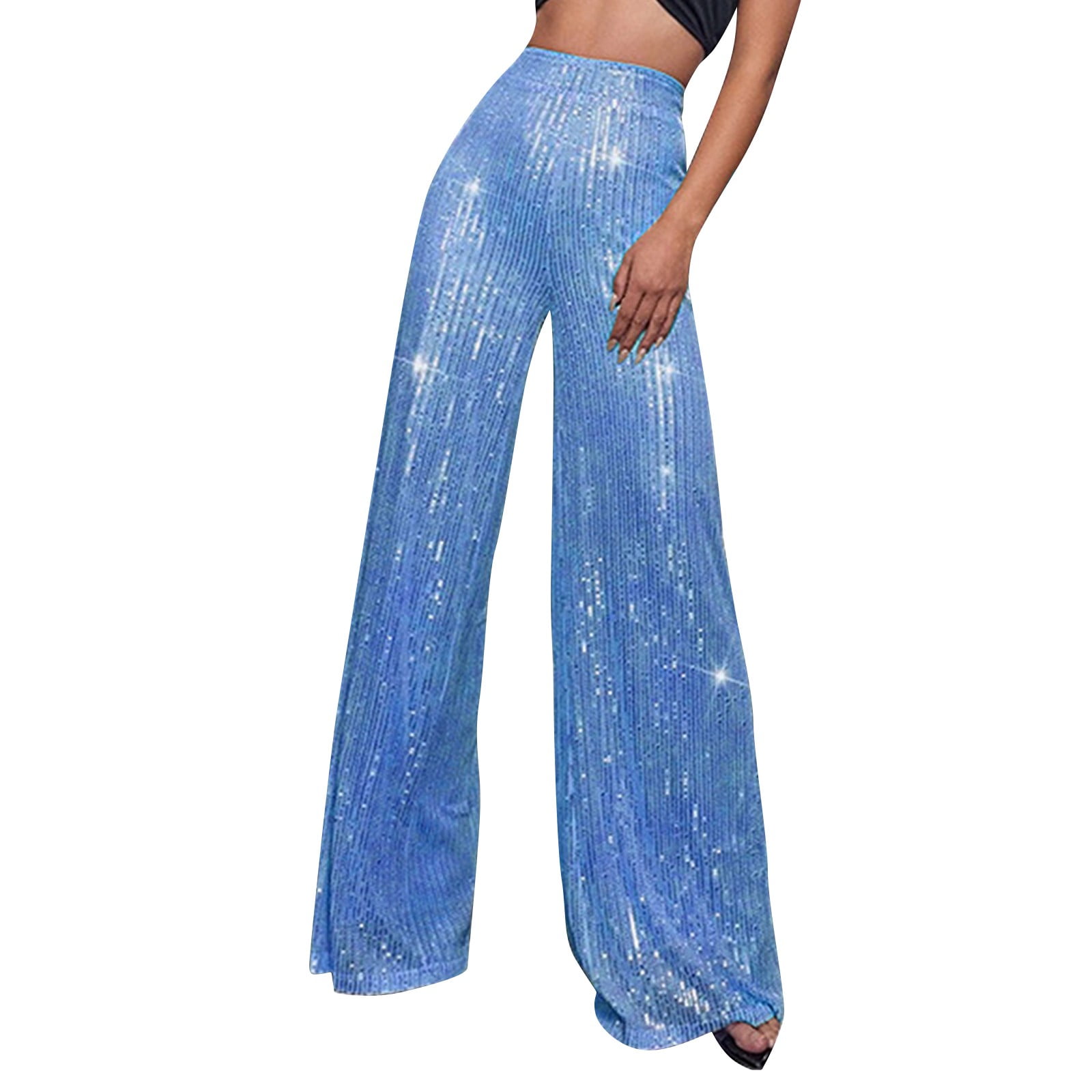 Dndkilg Womens Sky Blue Sequin Pants High Waisted Sparkle