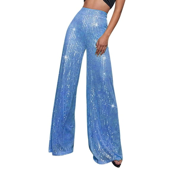 Dndkilg Womens Sky Blue Sequin Pants High Waisted Sparkle Wide Leg Shiny Pants Metallic Dressy Petite Bling Flare Party Sky Blue M