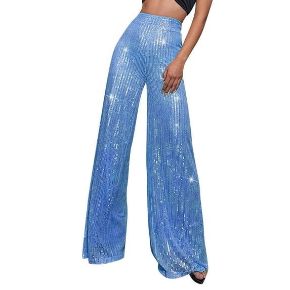 Dndkilg Womens Sky Blue Sequin Pants High Waisted Sparkle Wide Leg Shiny Pants Metallic Dressy Petite Bling Flare Party Sky Blue M