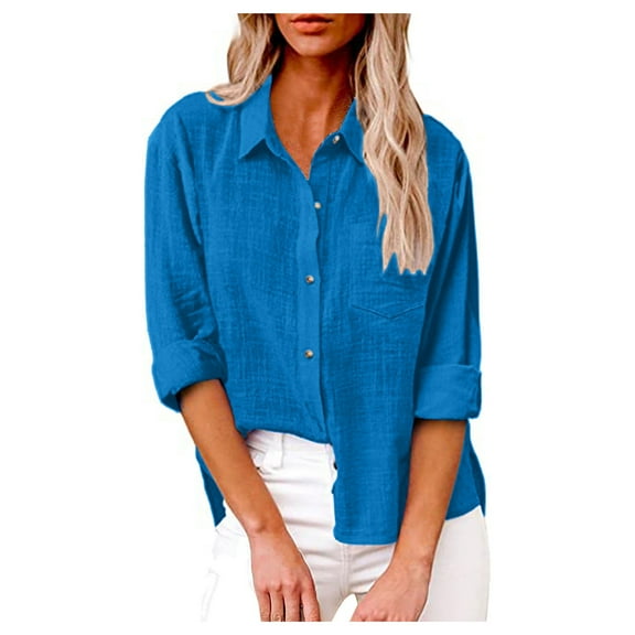 Dndkilg Womens White Button Down Shirt Front Pocket Long Sleeve Cotton Linen Casual Tops for Ladies Long Low High Sexy Blouses for Women Plus Size Royal Blue M
