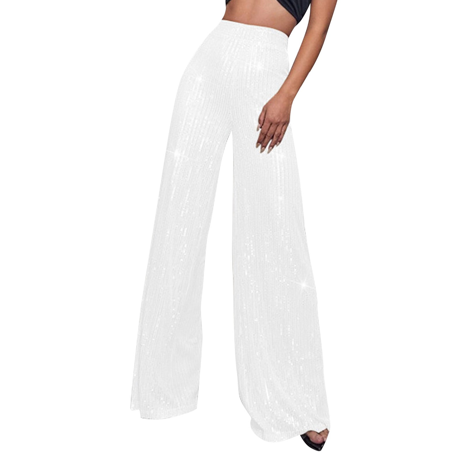 Dndkilg Womens White Sequin Pants Sparkle High Waisted Wide