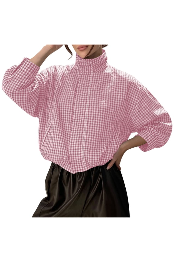 Cropped Funnel Jackets for Womens Fashion Plaid Zipper Jacket Trendy Long Sleeve Outerwear with Pockets Womens Fall Clothes Pink S