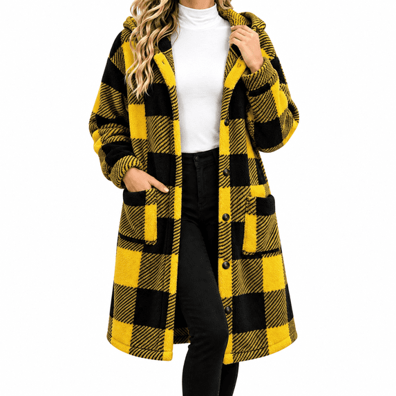 Dnhxils Jackets for Womens Fashion Hooded Plaid Jacket with Pockets Zip Up Long Sleeve Coat for Womens Winter Warm Clothes Yellow S