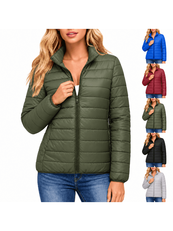 Quilted Jackets for Women Puffer Lightweight Casual Padded Coat Stand Collar Zip up Long Sleeve Packable Winter Outerwear