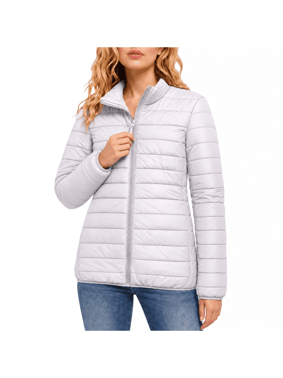 Quilted Jackets for Women Puffer Lightweight Casual Padded Coat Stand Collar Zip up Long Sleeve Packable Winter Outerwear