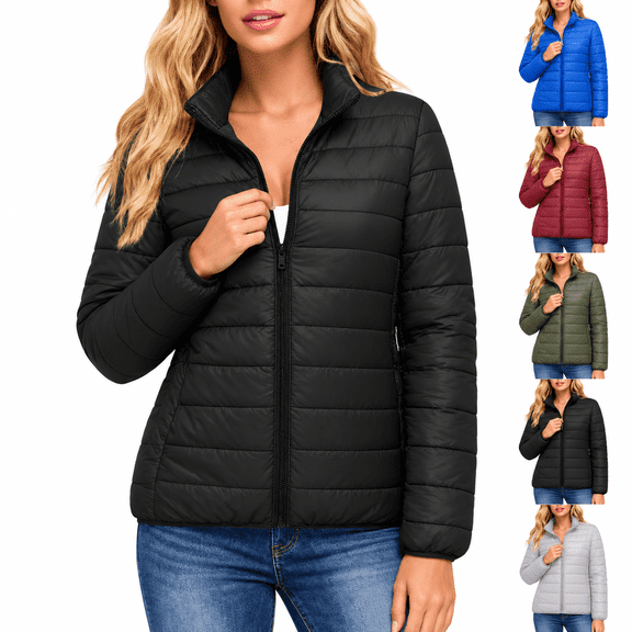Dnhxils Quilted Jackets for Women Puffer Lightweight Casual Padded Coat Stand Collar Zip up Long Sleeve Packable Winter Outerwear