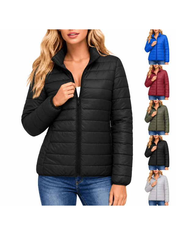 Quilted Jackets for Women Puffer Lightweight Casual Padded Coat Stand Collar Zip up Long Sleeve Packable Winter Outerwear