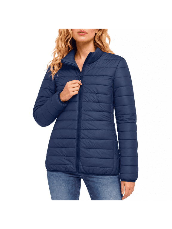 Quilted Jackets for Women Puffer Lightweight Casual Padded Coat Stand Collar Zip up Long Sleeve Packable Winter Outerwear