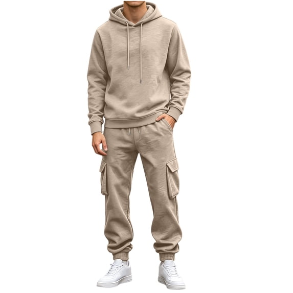 Dnhxils Sweatsuits for Men Fashion 2 Piece Sets Hooded Sweatshirts Drawstring Pants with Pockets Mens Casual Sports Outfits Khaki L