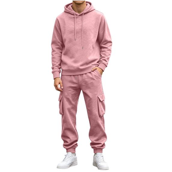 Dnhxils Sweatsuits for Men Fashion 2 Piece Sets Hooded Sweatshirts Drawstring Pants with Pockets Mens Casual Sports Outfits Pink L
