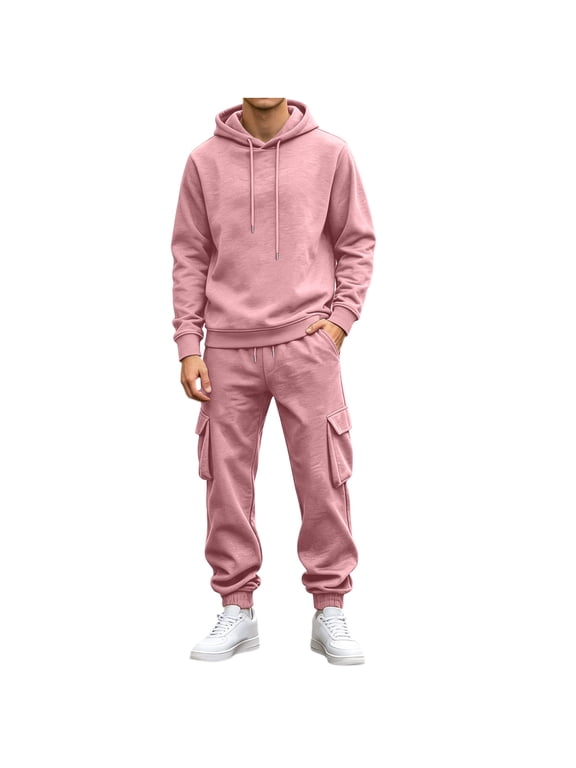 Sweatsuits for Men Fashion 2 Piece Sets Hooded Sweatshirts Drawstring Pants with Pockets Mens Casual Sports Outfits Pink XXXL