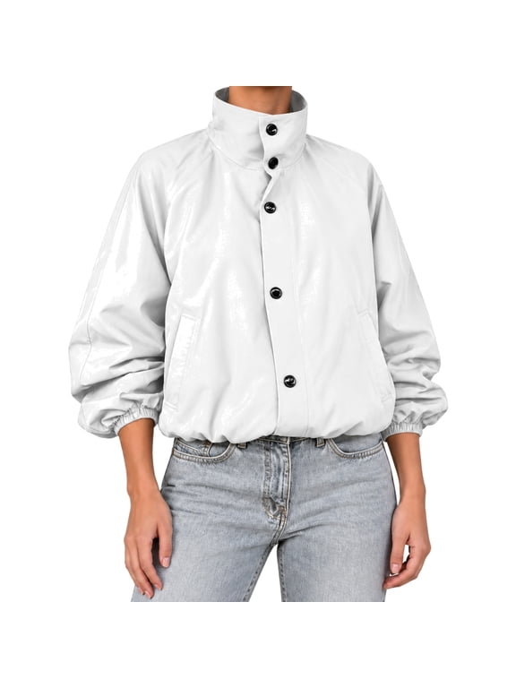 Womens Cropped Funnel Neck Jackets Casual Plain Long Sleeve Full Zip Jacket with Pockets for Women Fashion Fall Outerwear White L