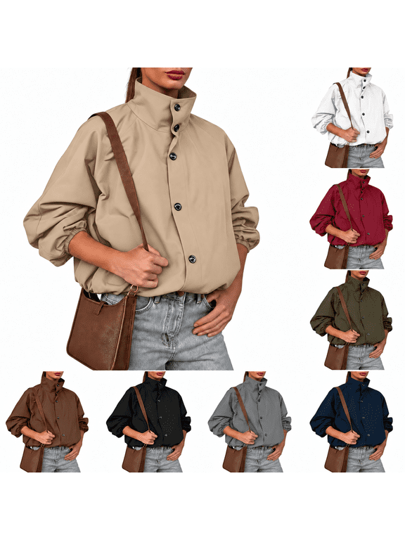 Womens Cropped Funnel Neck Jackets Casual Plain Long Sleeve Jacket with Pockets for Women Fashion Fall Outerwear Khaki S