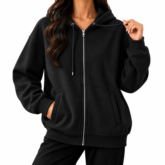 Dnhxils Womens Fall Zip Up Hoodies Casual Plain Sweatshirts Long Sleeve Jackets with Pockets for Women Fashion Outerwear Black L